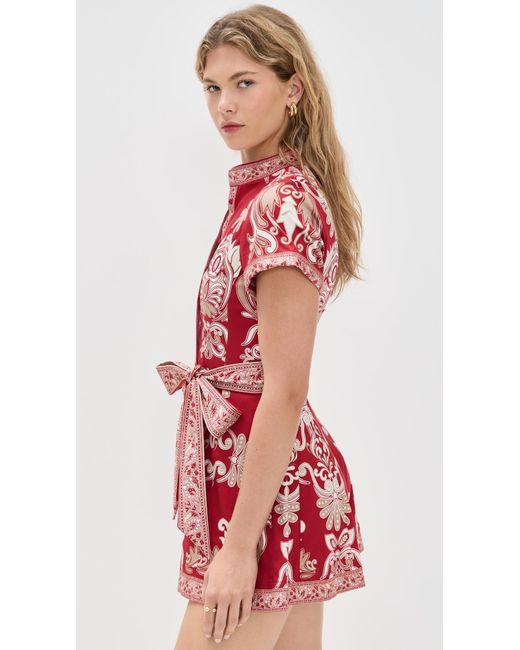 Alice + Olivia Red Lucy Roll Sleeve Button Down Romper