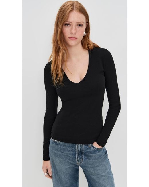 James Perse Black Stretch Rib Double Front Deep V Tee