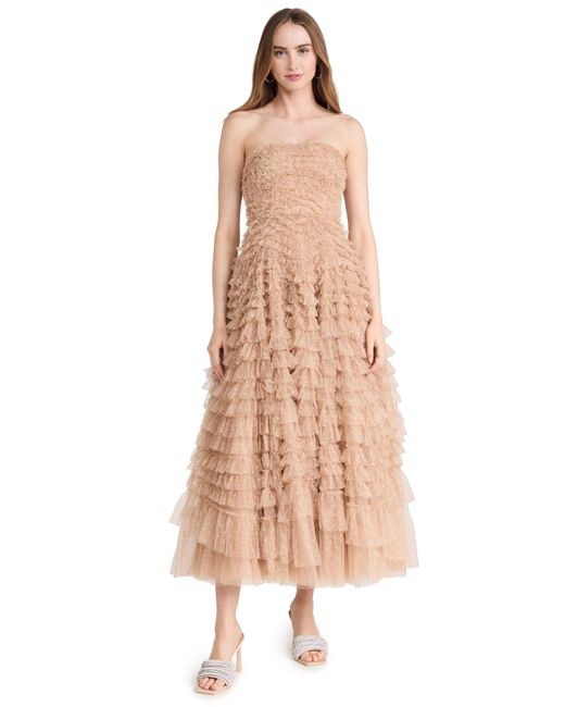 Needle & Thread Natural Hattie Ruffle Strapless Ankle Gown