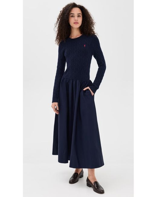 Polo Ralph Lauren Blue Crew Neck Long Sleeve Fit & Flare Dress