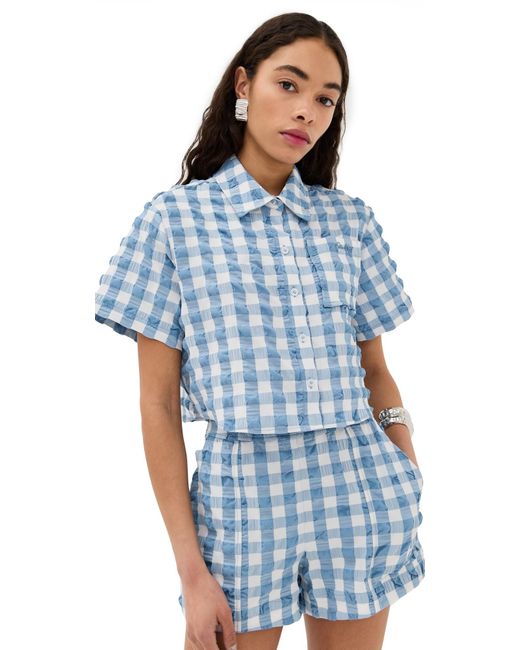 Jonathan Simkhai Blue Solange Short Sleeve Cropped Shirt