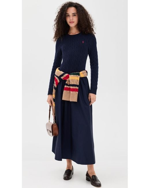 Polo Ralph Lauren Blue Crew Neck Long Sleeve Fit & Flare Dress