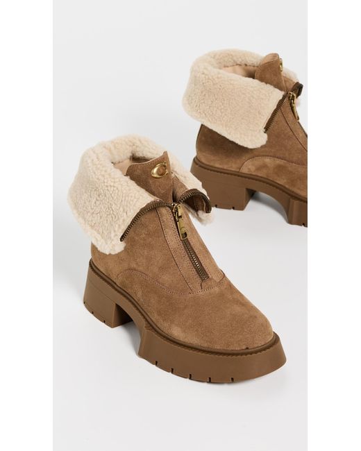 COACH Natural Leah Platform Suede Shearling Zip Booties