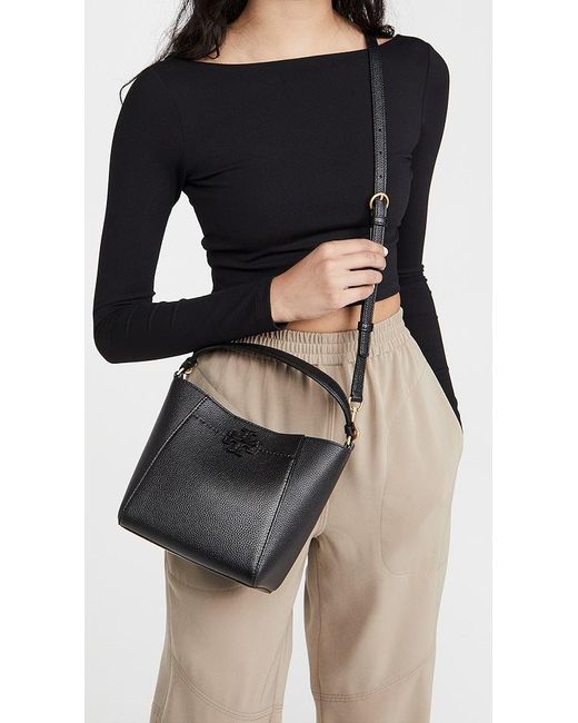 Tory Burch Mcgraw Raffia Small Bucket Bag in Black