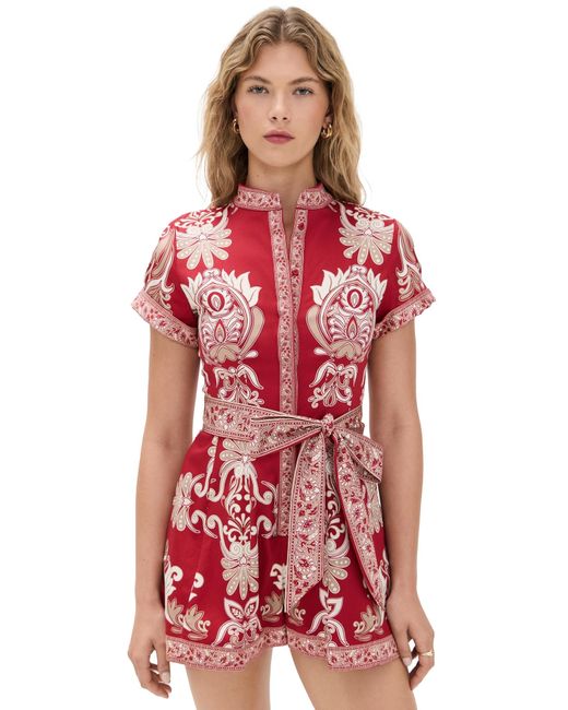 Alice + Olivia Red Lucy Roll Sleeve Button Down Romper