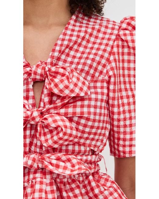 Ganni Crinkled Taffeta Check Tie Strap Blouse in Pink | Lyst