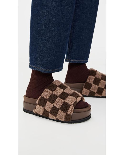 Roam Brown Fuzzy Checker Stack Slippers