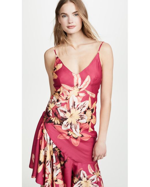 PATBO Satin Floral Carmen Ruffle Slip Dress in Deep Pink (Pink) - Lyst