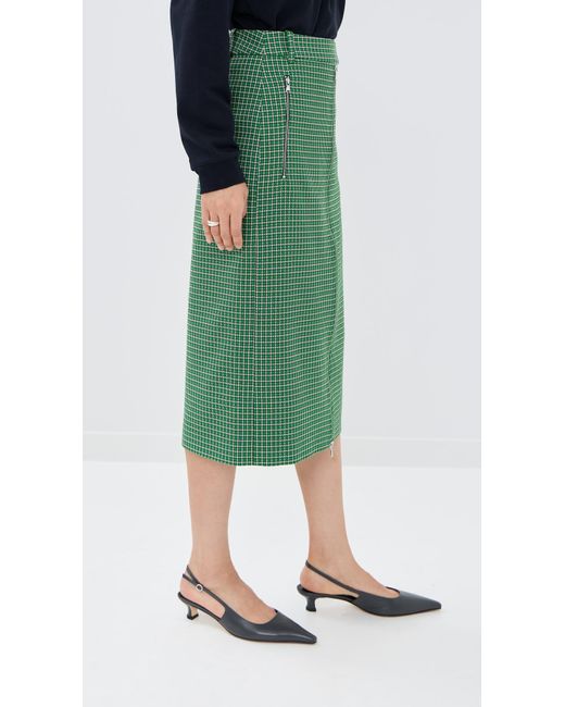 Tibi Green Leon Check Midi Trouser Zip Skirt