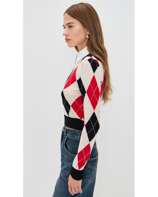 Alice + Olivia Red Carolann Argyle Pullover With Woven Collar