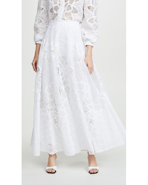 Costarellos White Embroidered Laser Cut Skirt