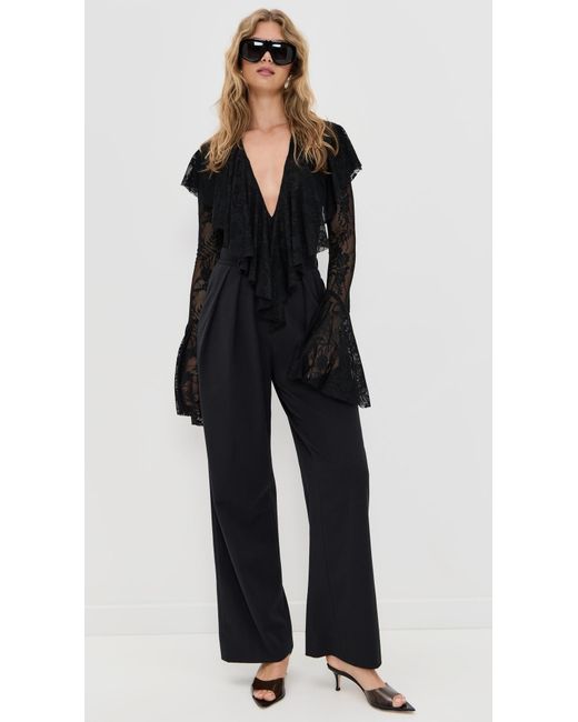 Norma Kamali Black Long Sleeve Deep V Ruffle Bodysuit