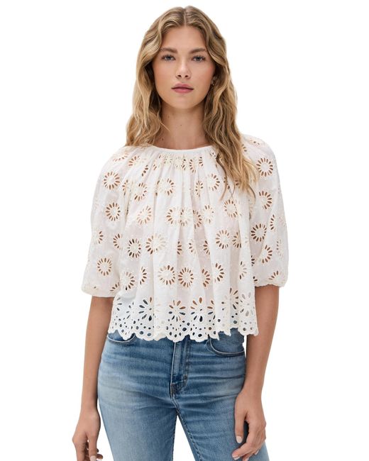 Madewell White Embroidered Shirred Puff-Sleeve Top