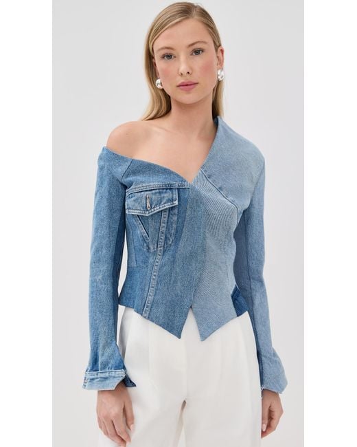 A.W.A.K.E. MODE Blue A. W.A. K.E. Mode Upcycled Denim Off Shoulder Jacket