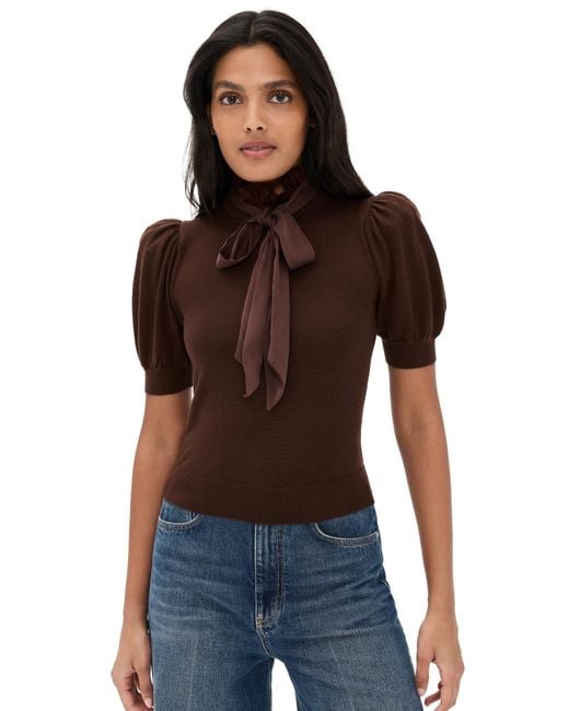 Alice + Olivia Red Chase Puff Sleeve Ruffle Neck Sweater