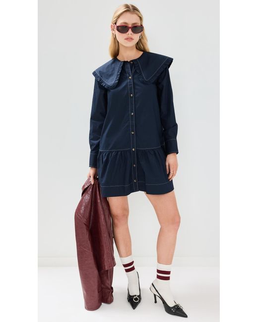 Ganni Poplin Big Collar Mini Shirt Dress in Blue | Lyst