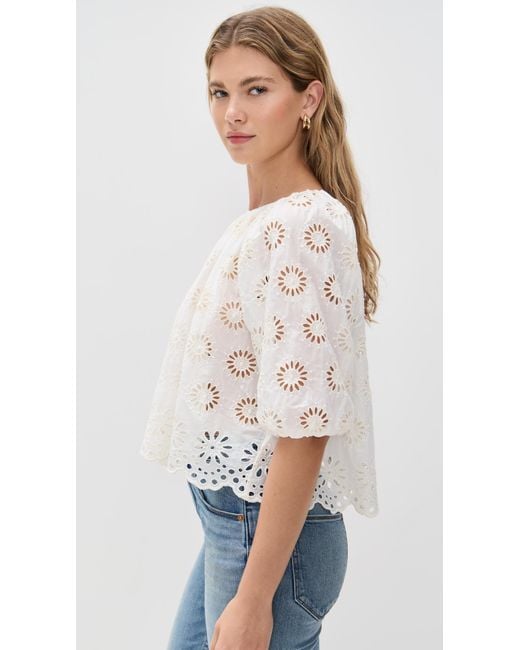 Madewell White Embroidered Shirred Puff-Sleeve Top