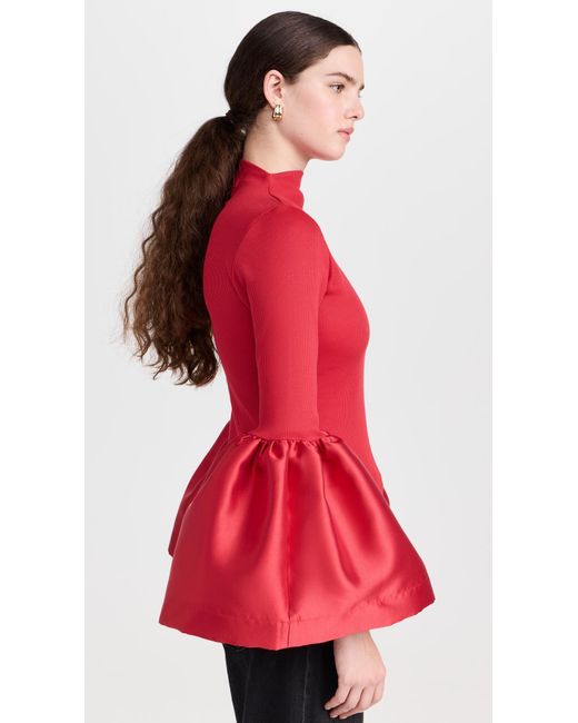 Marques'Almeida Red Heavy Satin And Rib Jersey High Neck Long Sleeve Top With Puff Sleeves