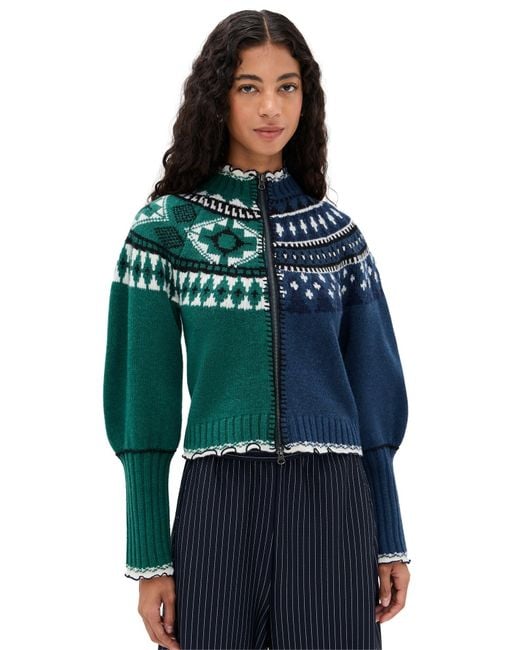 Sea Green Linea Fair Isle Zip Front Cardigan