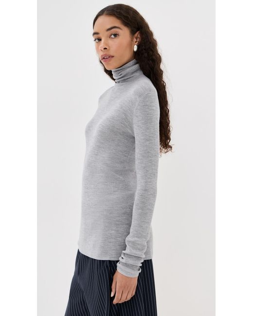 Tibi Gray Feather Weight Ribbed Sweater Turtle Neck Pullover