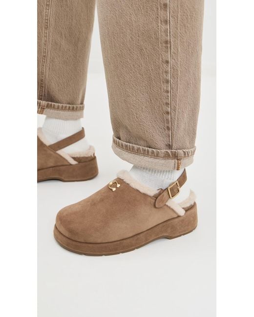 COACH White Sculpted C Suede Shearling Platform Clogs