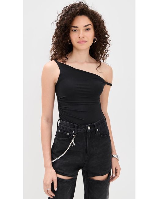Alice + Olivia Black Bianca Twist Off Shoulder Bodysuit
