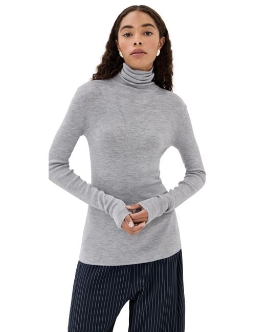 Tibi Gray Feather Weight Ribbed Sweater Turtle Neck Pullover