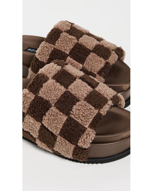 Roam Brown Fuzzy Checker Stack Slippers