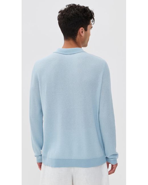 Onia Blue Cotton Textured Knit Long Sleeve Polo for men