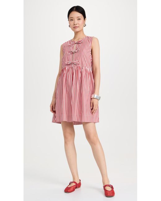 Ganni Stripe Cotton Mini Bow Tie Dress in Red | Lyst