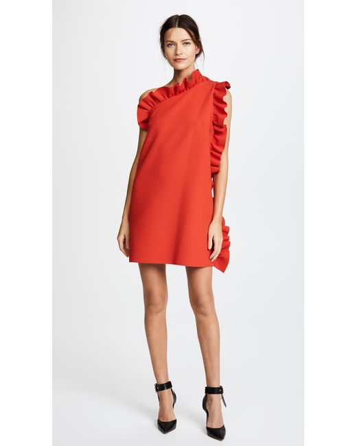 MSGM One Shoulder Crepe Ruffle Dress in Red | Lyst Canada