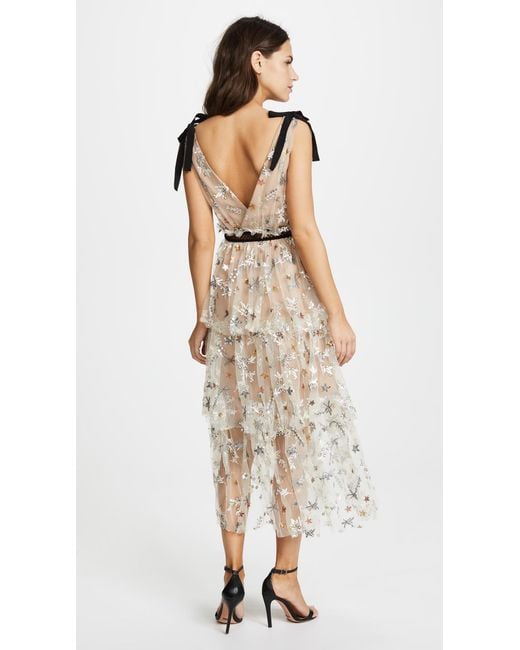 self portrait tiered floral embroidered mesh midi dress Self Portrait Floral Mesh Embellished Tulle Tiered Midi Dress