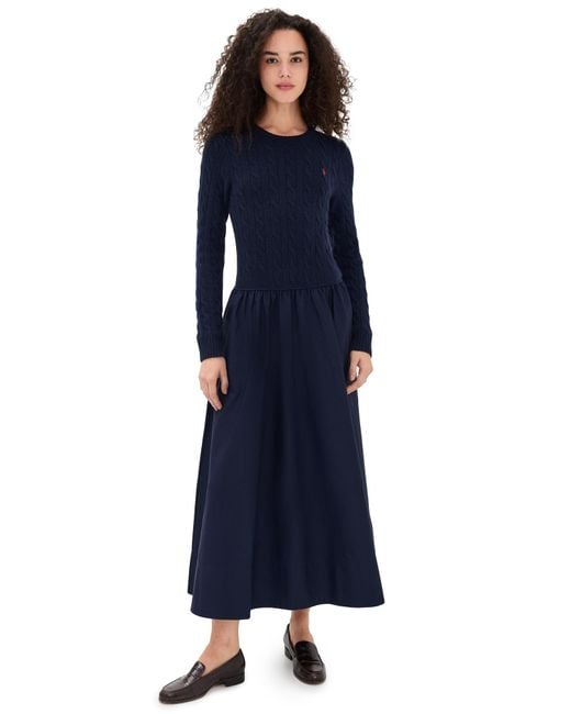 Polo Ralph Lauren Blue Crew Neck Long Sleeve Fit & Flare Dress