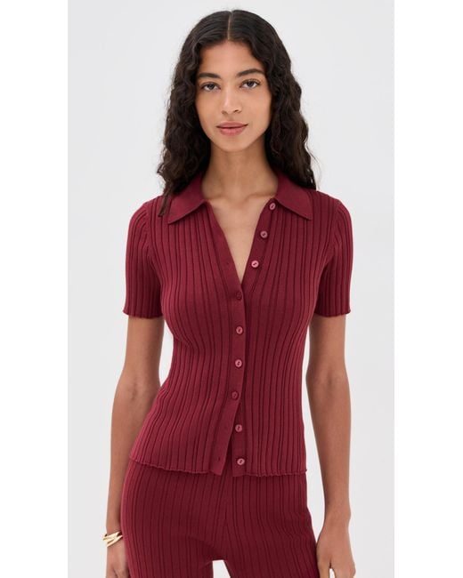 Le Bos Red Ribbed Button Up