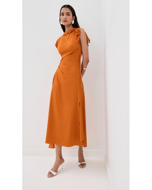 Victoria Beckham Orange Drape Sleeve Midi Dress