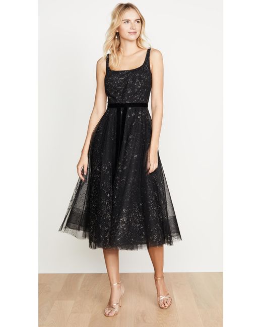 Marchesa notte Black Glitter Tulle Tea Length Gown