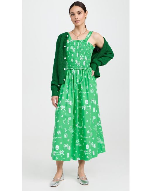 Damson Madder Green Keira Shirred Midi Dress