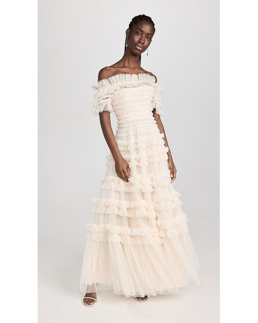 Needle & Thread Natural Lisette Ruffle Off Shoulder Gown
