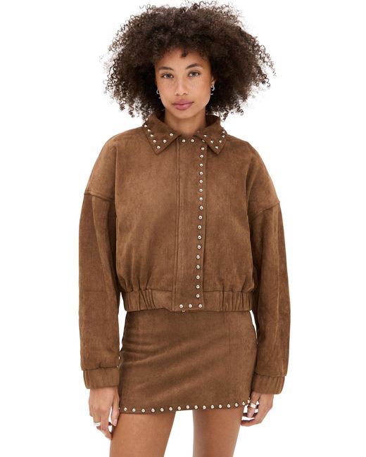 Moon River Brown Stud Detail Zipper Front Faux Suede Jacket