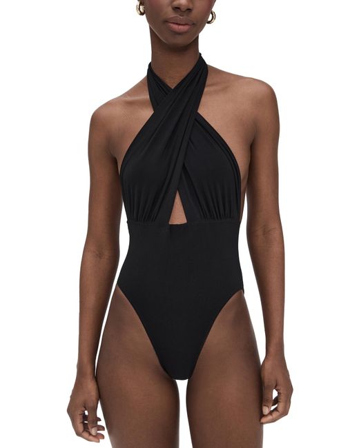 Norma Kamali Black Cross Halter Mio One Piece