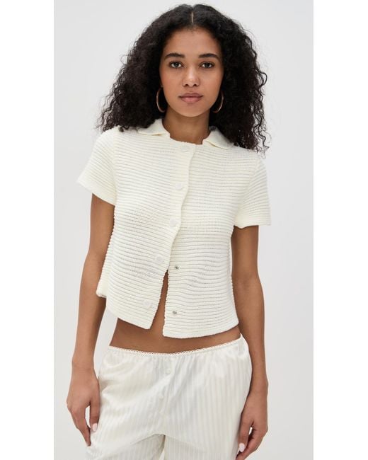 Lioness White Ribbed Knit Button Tee