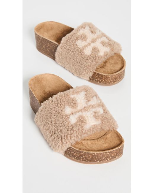Tory Burch Suede Double T Shearling Flatform Sandals in Natural - Lyst