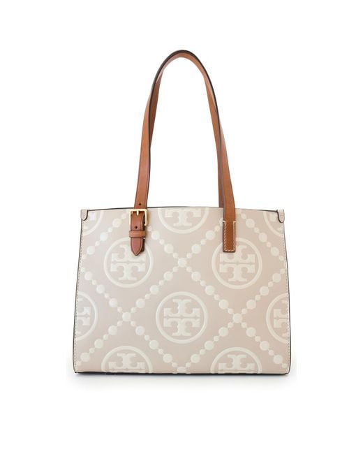Tory Burch Natural T Monogram Contrast Embossed Small Tote