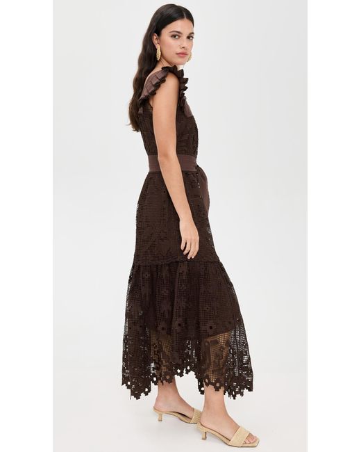 satin lace midi dress Arah Asymmetric Satin Lace Midi Dress in Brown Dress, Women's Asymmetric Midi Dress, Satin Lace V-Neck Sleeveless, SOERA