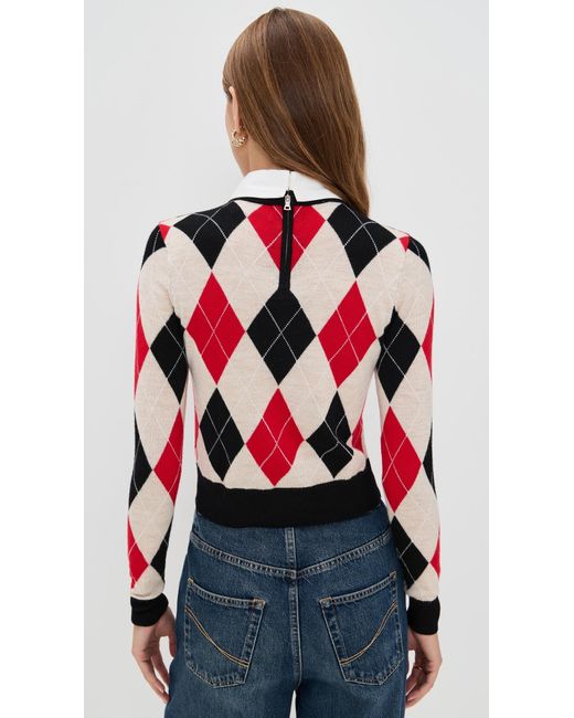 Alice + Olivia Red Carolann Argyle Pullover With Woven Collar