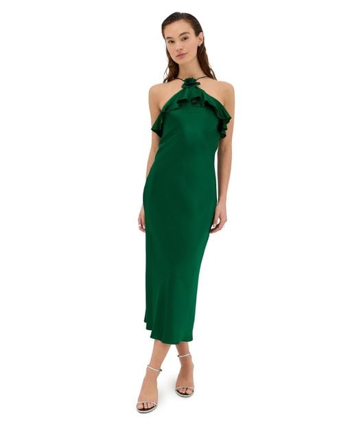 Rodarte Women's Green Silk Satin Bias Halter Slip Dress With Ruffle Detail  And Silk Flower - brass-copper-parts.com