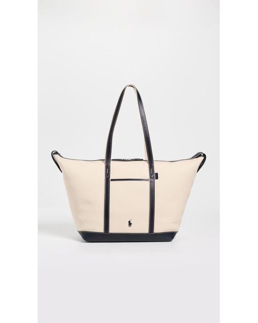 Polo Ralph Lauren White Leather Trim Canvas Large Shopper Tote