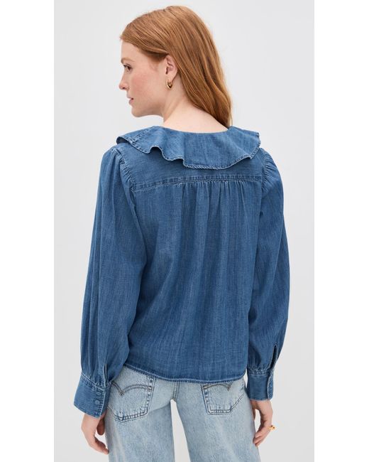 Madewell Blue Denim Ruffled Pintuck Top