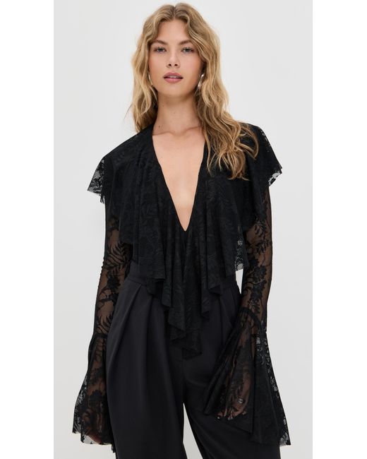 Norma Kamali Black Long Sleeve Deep V Ruffle Bodysuit