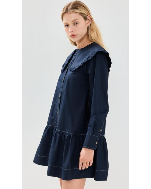Ganni Poplin Big Collar Mini Shirt Dress in Blue | Lyst